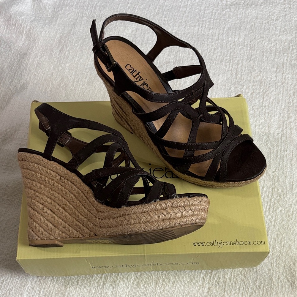 Cathy Jean Brown Strappy Wedge Sandals, Size 7.5